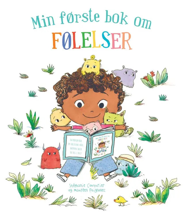 Min første bok om følelser – fargerik pappbok av Stéphanie Couturier med gutt omgitt av fargerike følelsesmonster