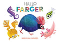 Hallo farger – fargerik bildebok av Brendan Wenzel med illustrasjoner av sjøhest, fugl, frosk og axolotl.