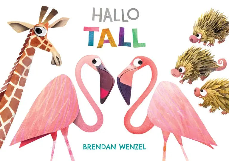 Hallo tall – fargerik bildebok av Brendan Wenzel med illustrasjoner av sjiraff, flamingoer og piggsvin.